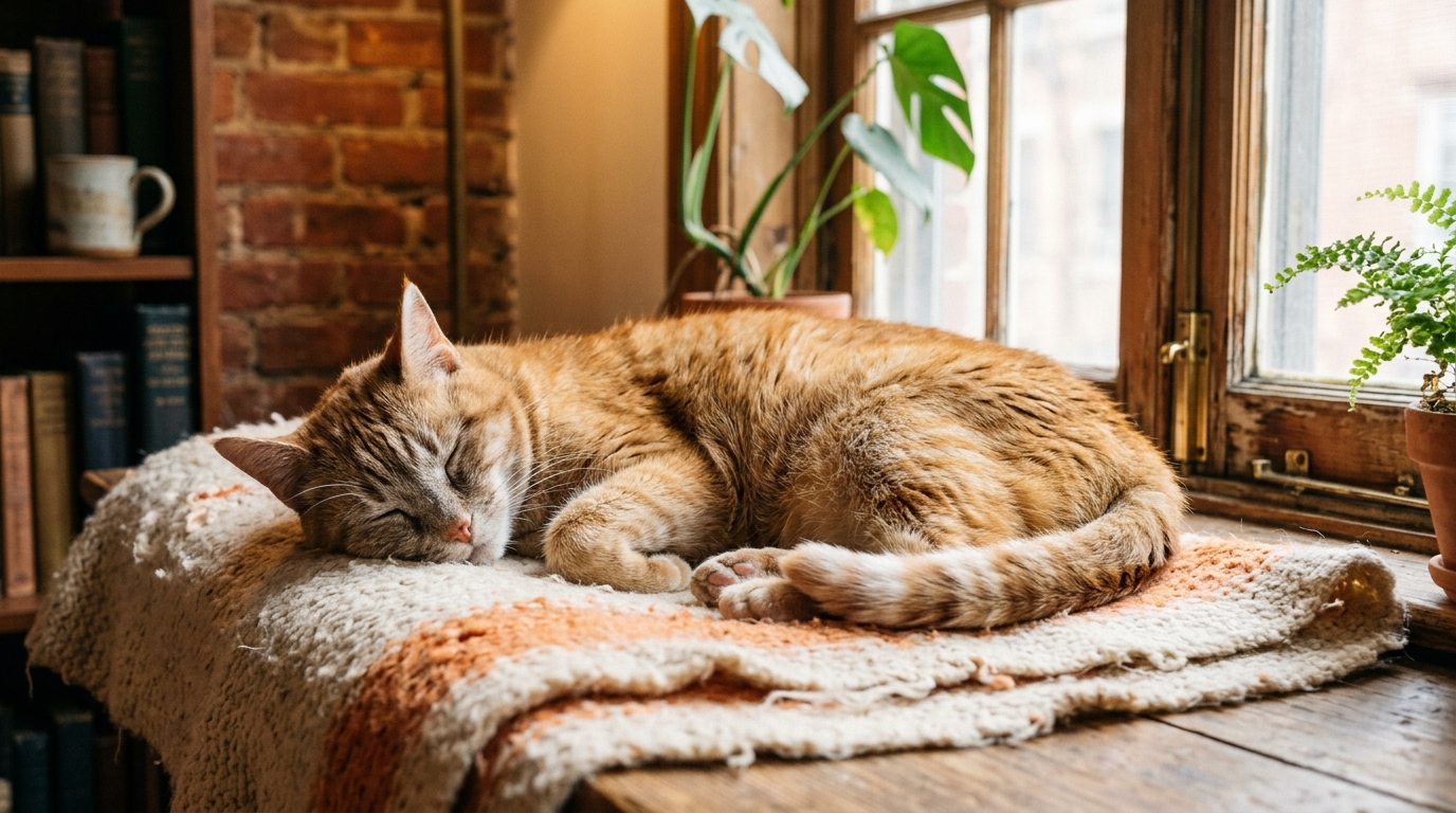 Un chat senior rouquin se prélassant au soleil sur le rebord d'une fenêtre à Brooklyn.