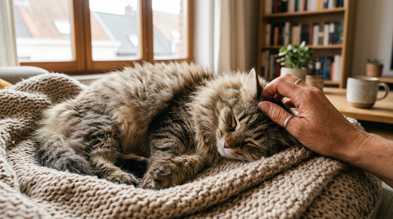 Un chat Sibérien roux et blanc blotti contre sa propriétaire dans un salon chaleureux.