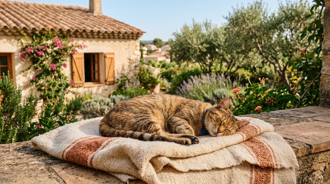 Un chat domestique se reposant sereinement dans un jardin provençal après des soins