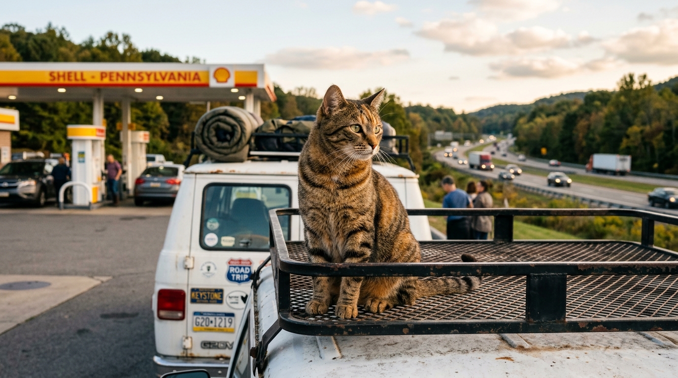 Un chat tigré posé calmement sur le toit d'un van garé dans une station-service