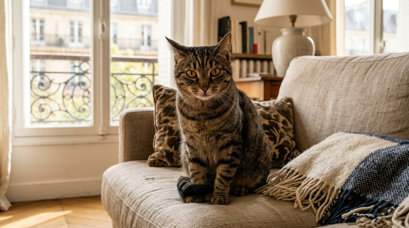 Un chat domestique tigré assis sur un canapé dans un appartement lumineux en France.