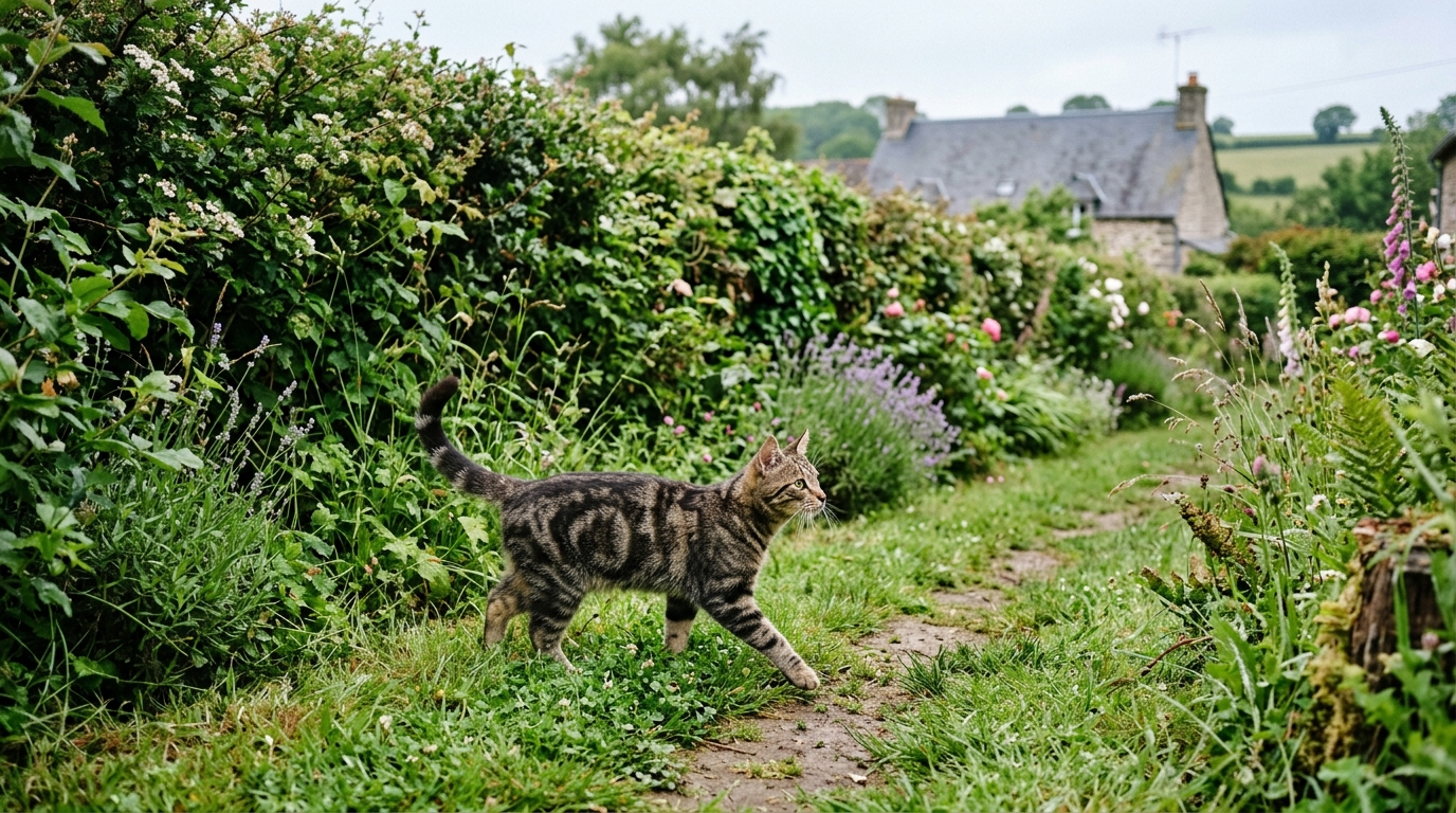 Un jeune chat tigré observant discrètement depuis l'herbe d'un jardin en Normandie