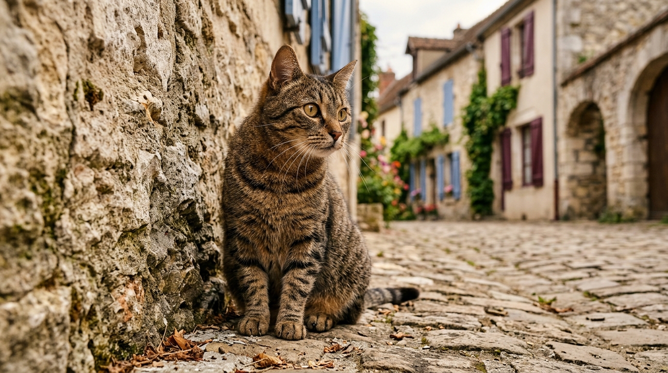 Un chat tigré vigilant assis sur le rebord d'une fenêtre dans une commune rurale de l'Aisne.