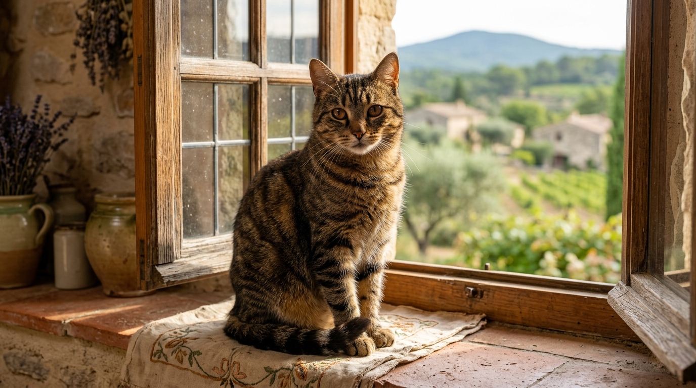 Un grand chat tigré calme assis près d'une fenêtre dans une maison de Provence.