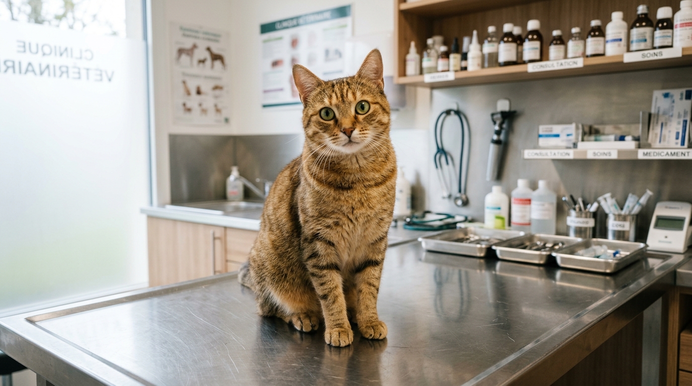 Un chat tigré assis calmement sur une table d'examen chez le vétérinaire