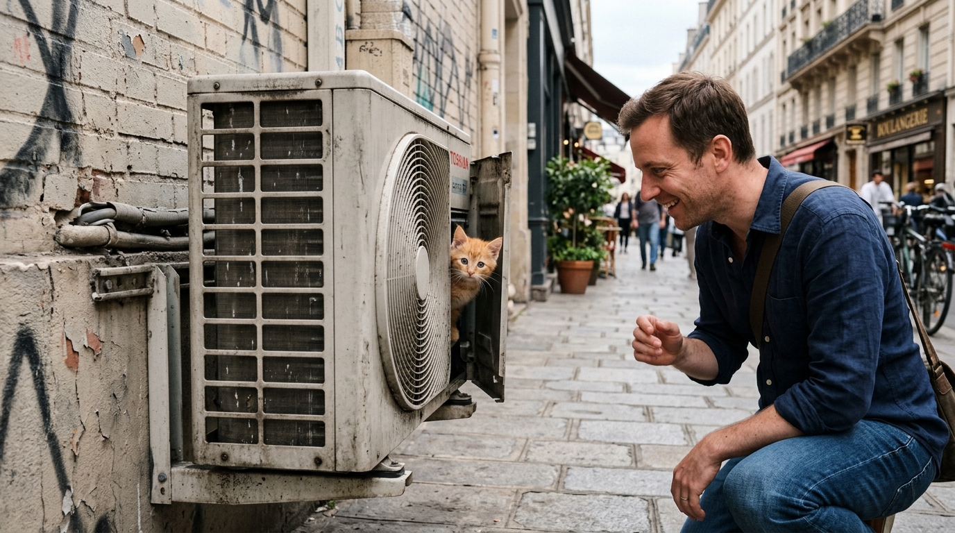 Un petit chaton roux avec la tête coincée dans le boîtier d'une climatisation extérieure