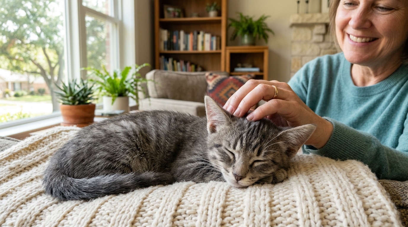 Un chaton gris tabby assis paisiblement dans un salon chaleureux aux côtés de sa maîtresse.