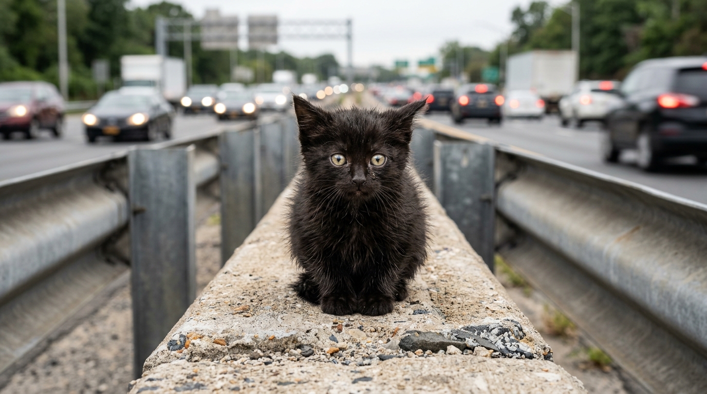 Un petit chaton noir assis sur la glissière de sécurité centrale d'une autoroute