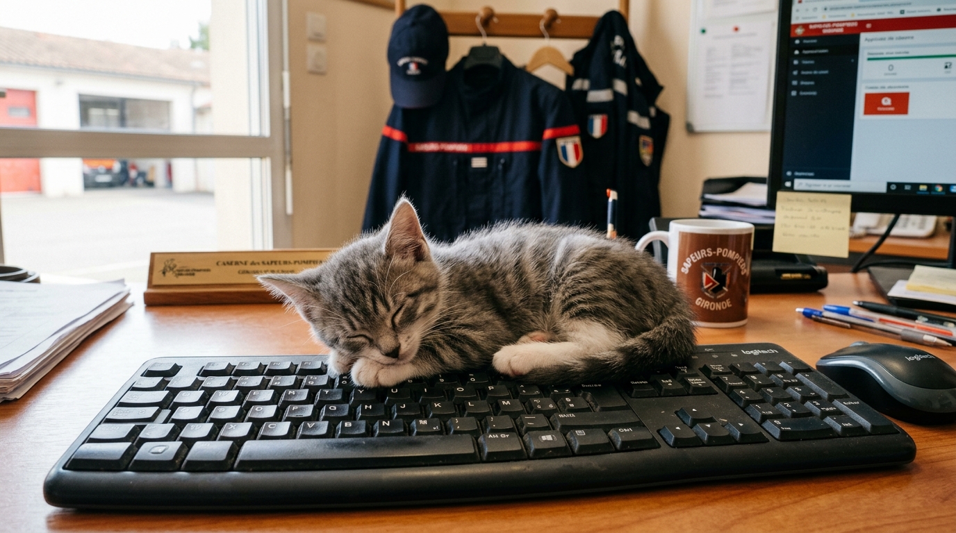 Un petit chaton gris et blanc assis dans une caserne de sapeurs-pompiers