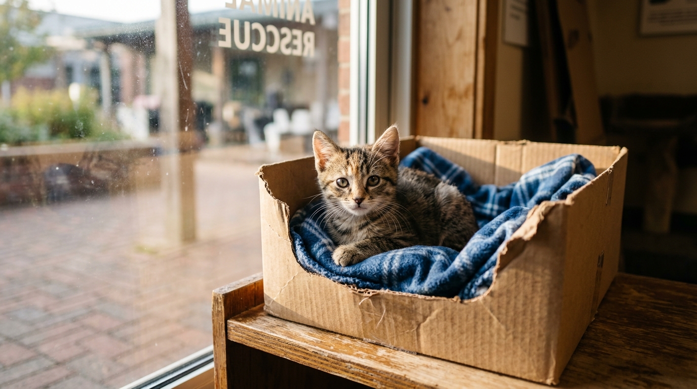 Un petit chaton regardant hors d'une boîte devant la porte d'un refuge