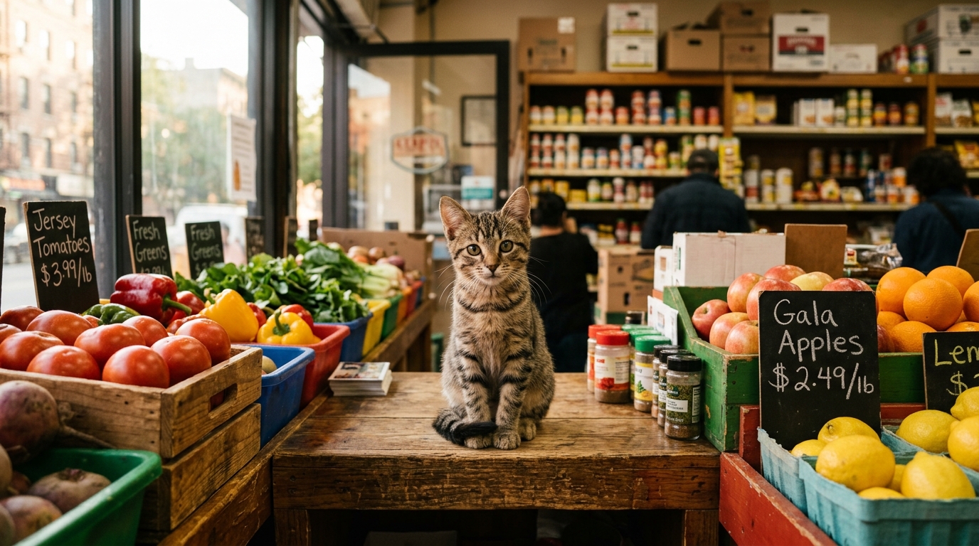 Un jeune chaton assis près de la caisse d'une épicerie new-yorkaise.