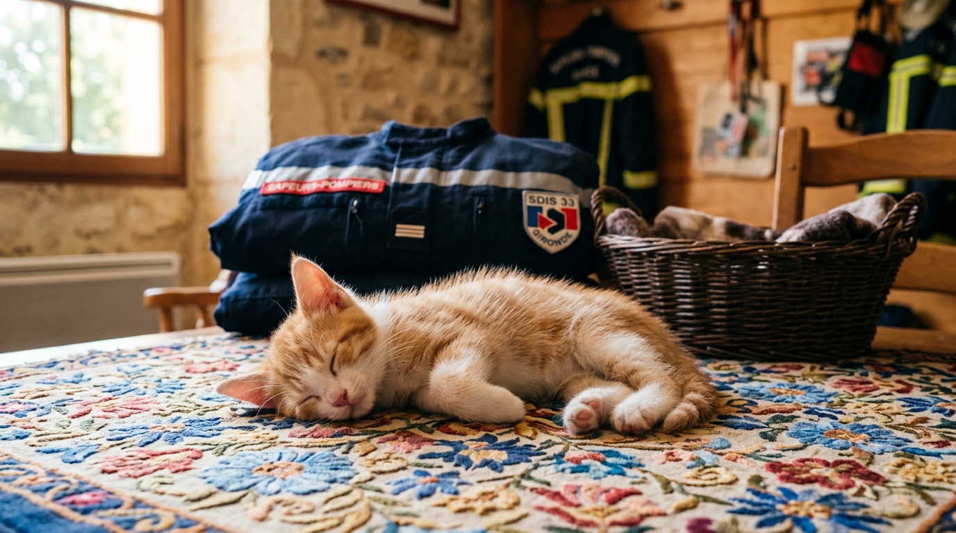 Un petit chaton roux et blanc assis près d'une veste de pompier dans une caserne