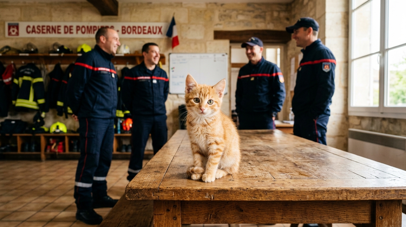 Un jeune chaton roux assis sur une table dans le foyer d'une caserne de pompiers française