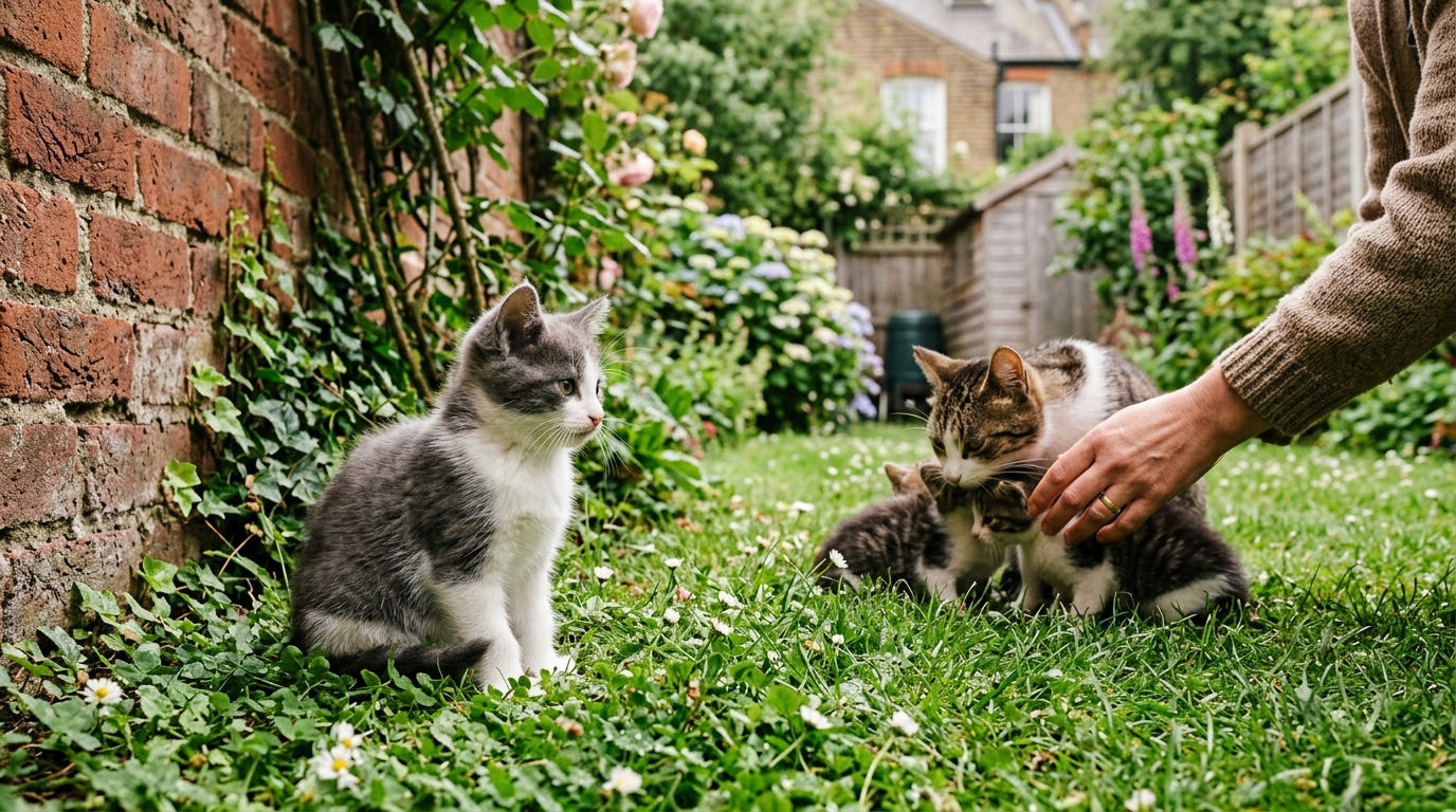 Un petit chaton gris et blanc assis en sécurité dans un jardin londonien