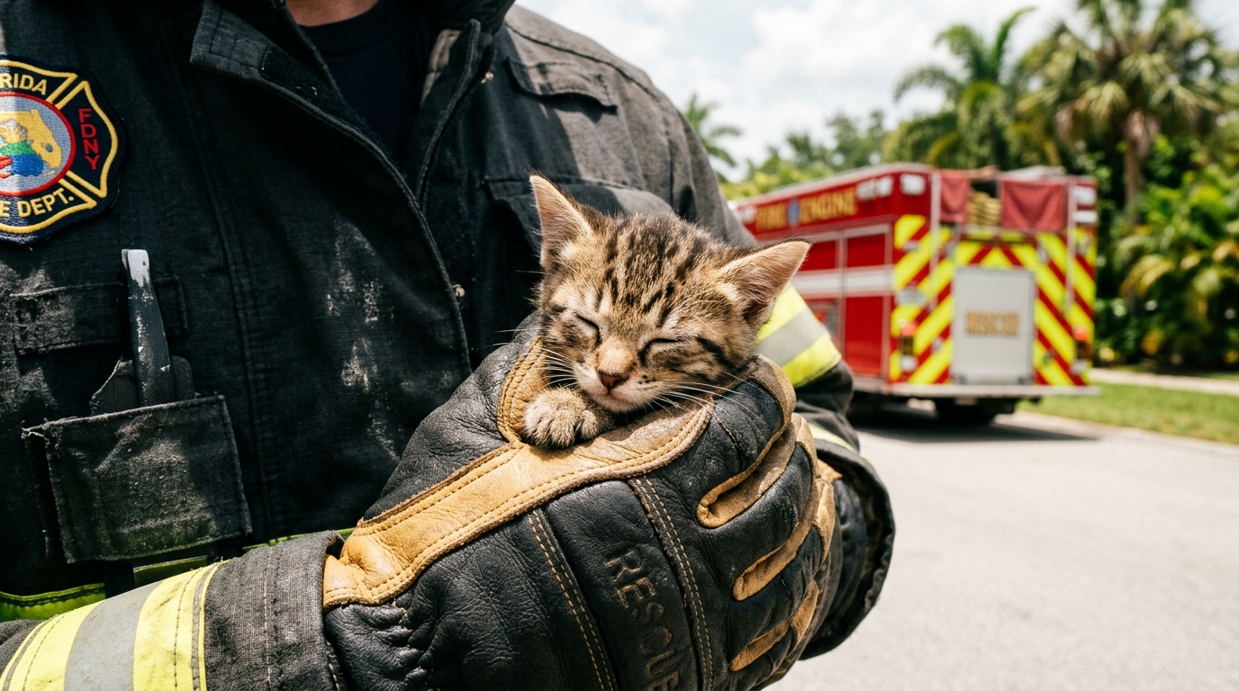 Un petit chaton tigré tenu délicatement par un pompier devant un camion d'intervention