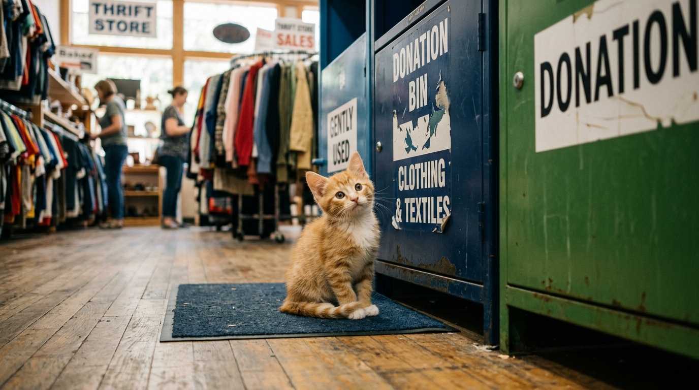 Un petit chaton sociable assis près de bacs de dons textiles dans un magasin.