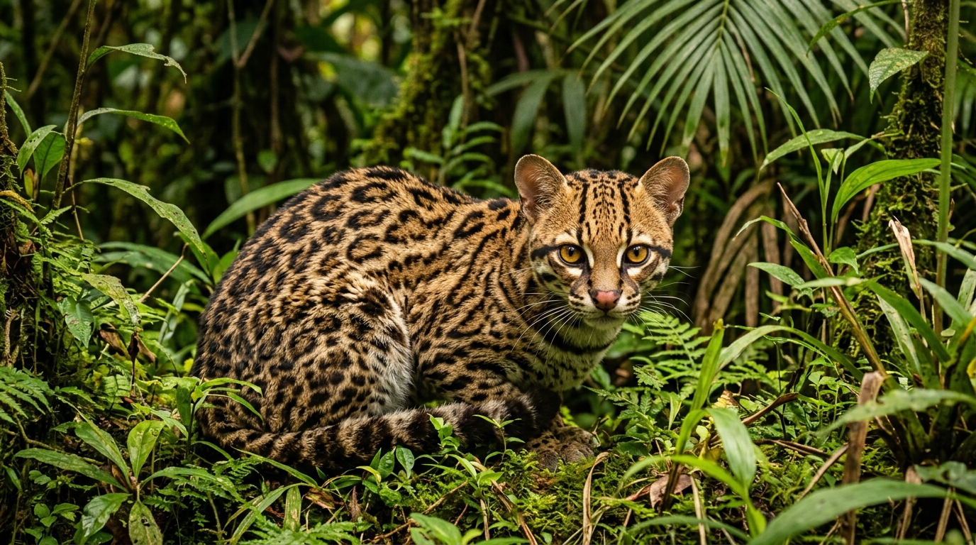 Un petit félin tacheté observant son environnement dans la forêt des Yungas en Bolivie.