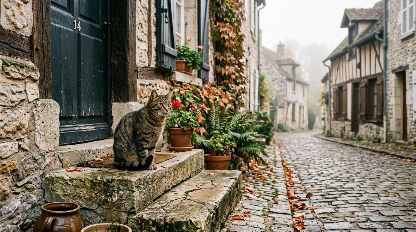 Un chat tigré observant la ruelle d'un village paisible de l'Aisne.