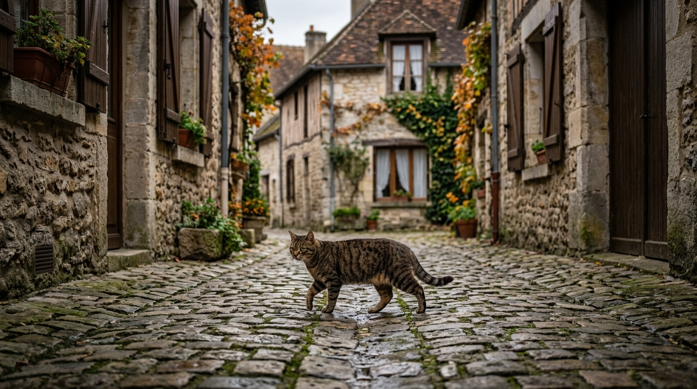 Un chat roux marchant avec précaution dans une ruelle d'un village français.