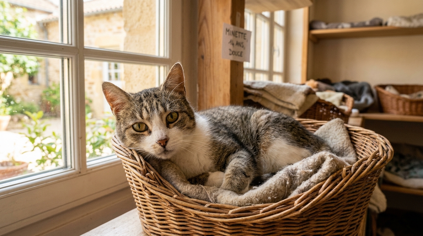 Une chatte âgée sauvée d'un élevage clandestin repose dans un panier douillet au refuge