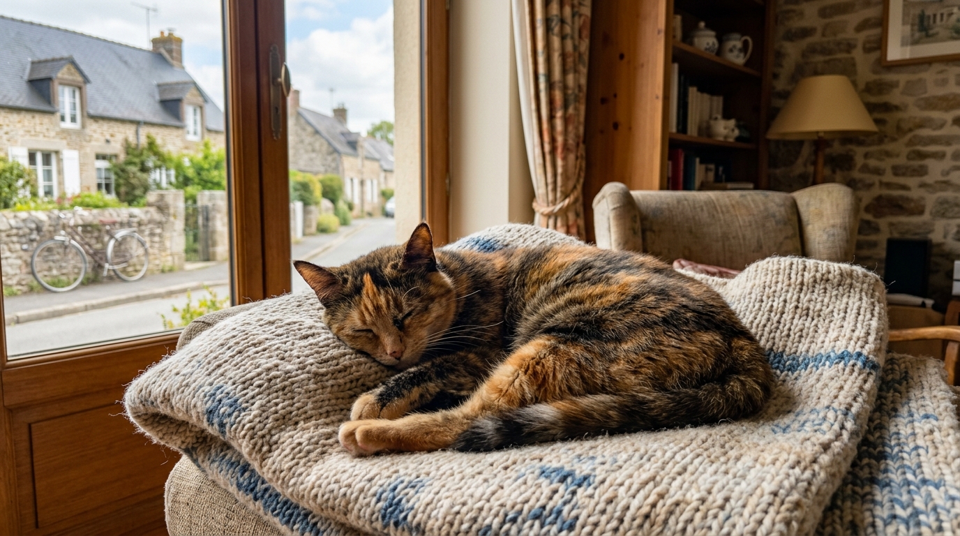 Une chatte de deux ans au repos après des soins chez sa maîtresse à Vernon