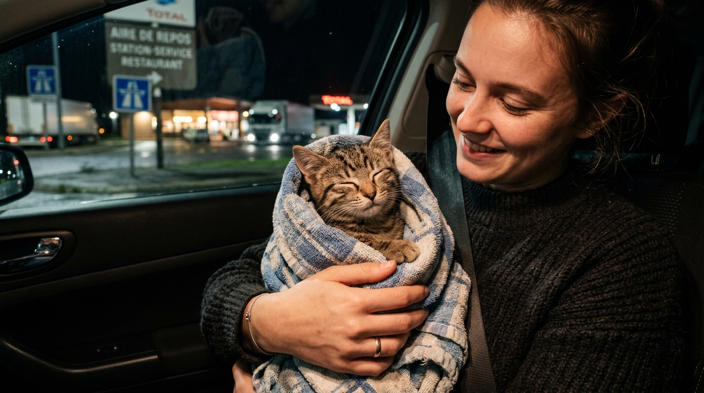Une petite chatte tigrée blottie contre son maître soulagé après des semaines de recherches.