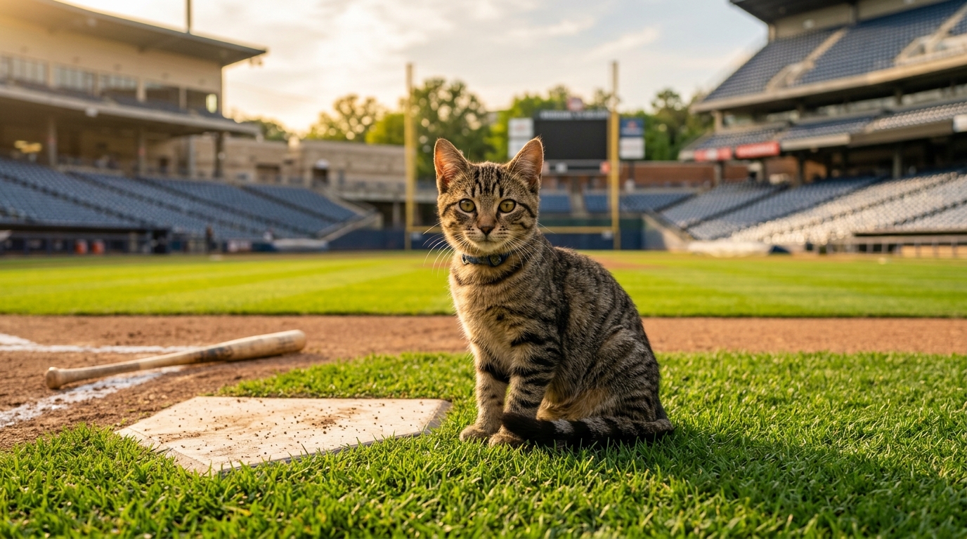 Une petite chatte assise près du terrain d'un stade de baseball