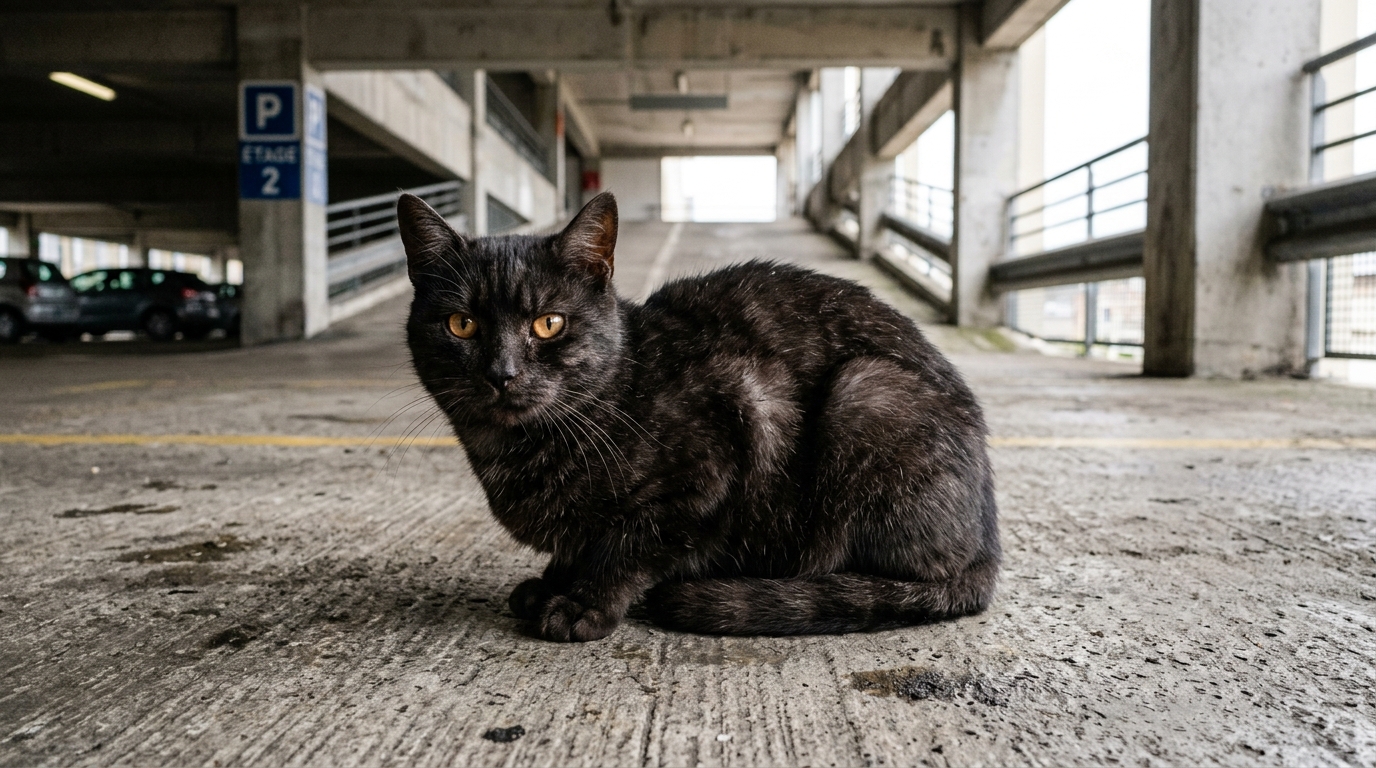 Une petite chatte noire au regard craintif posée sur un sol en béton