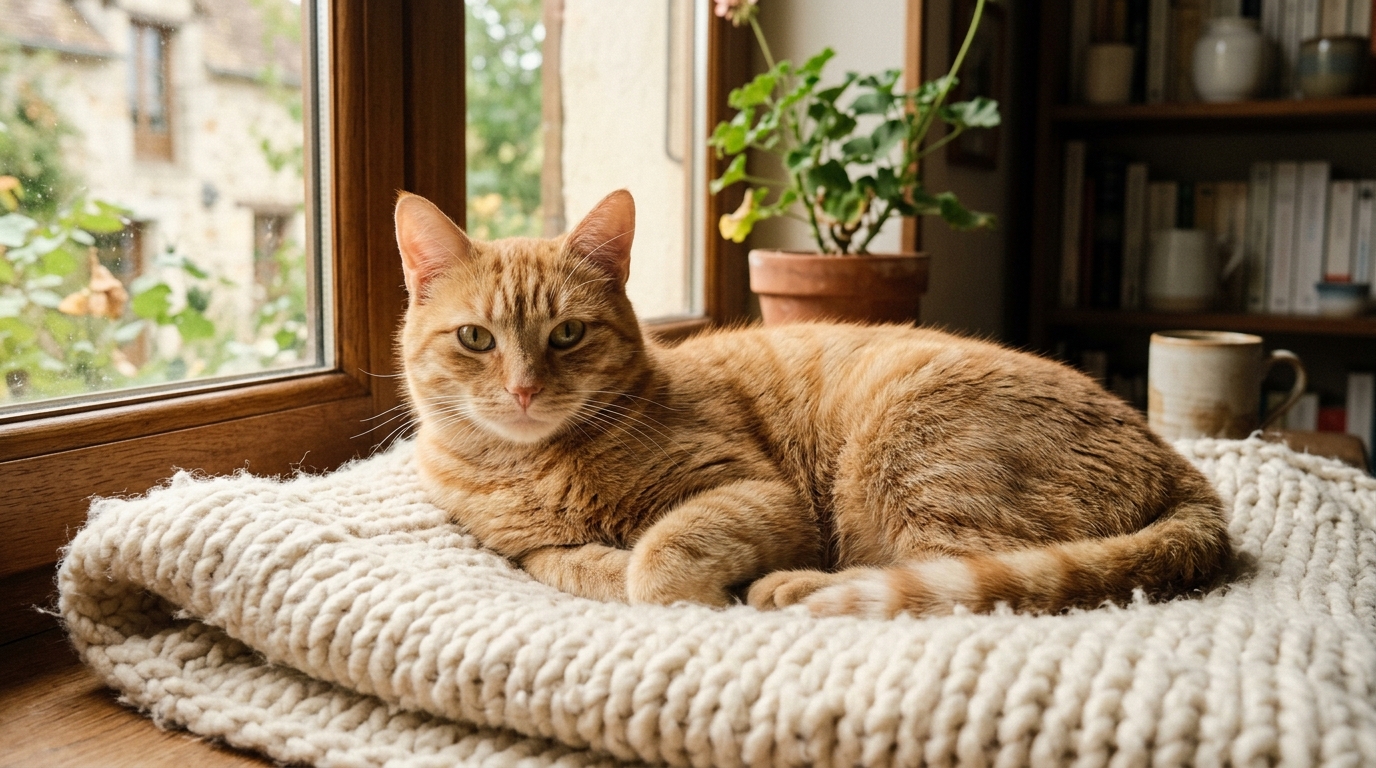 Une chatte rousse appuyée contre une fenêtre lumineuse dans une maison chaleureuse.