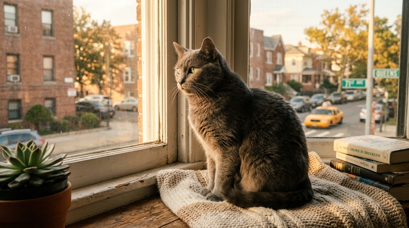Une chatte grise au regard doux assise près d'une fenêtre éclairée par la lumière du jour.