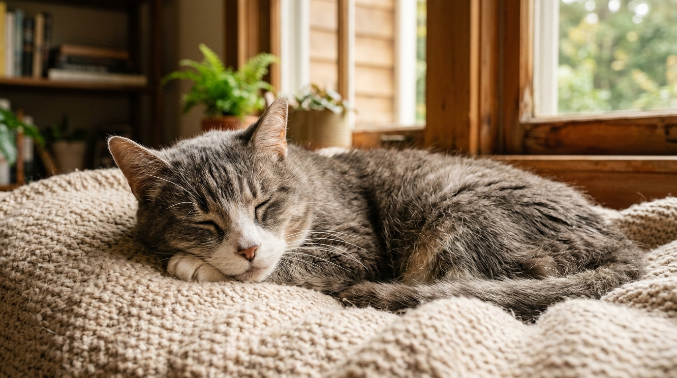 Une chatte âgée de 19 ans couchée paisiblement sur un plaid douillet
