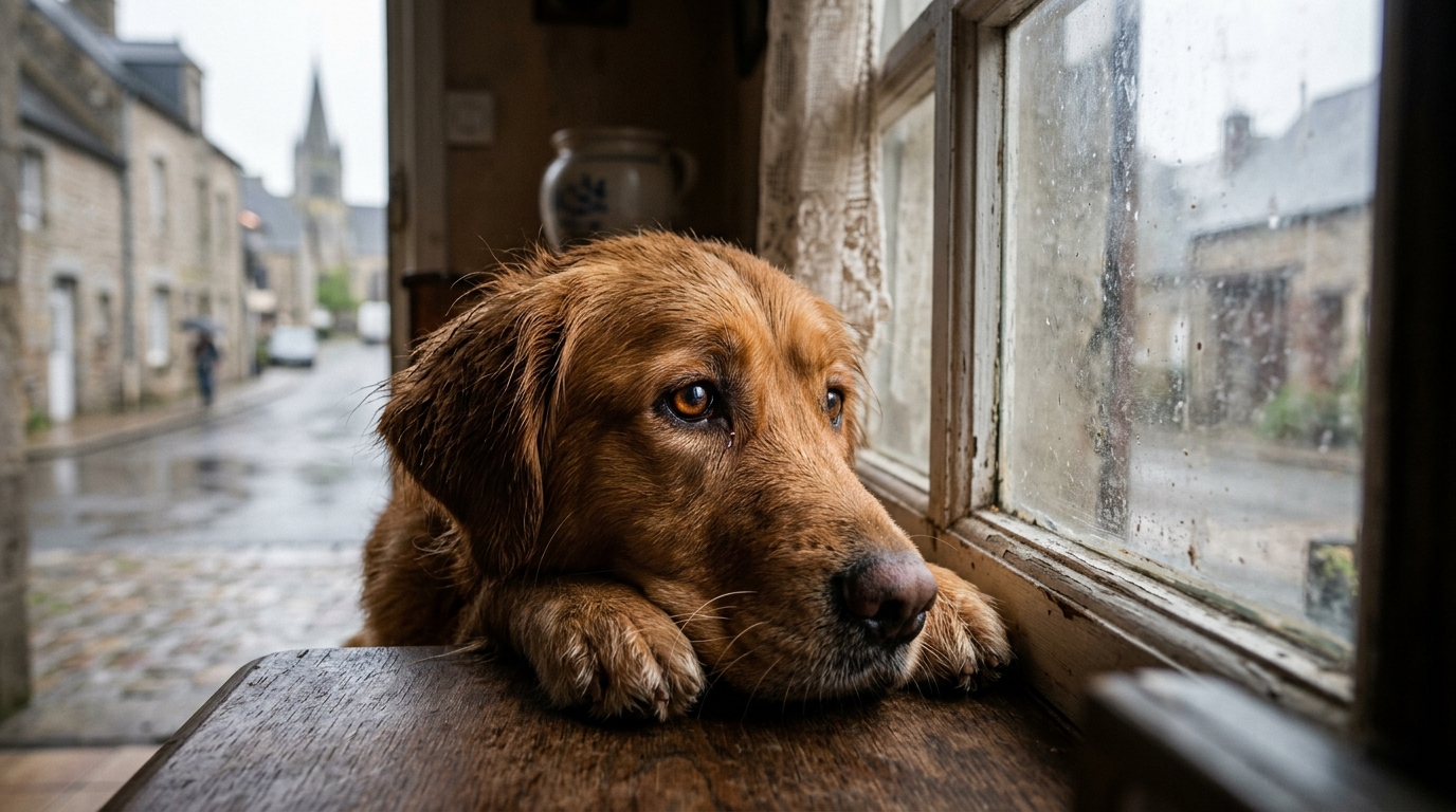 Un chien triste regarde par la fenêtre d'un appartement calme en France.