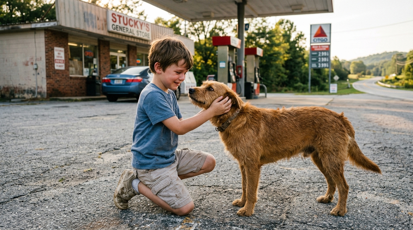Un chien devant une station-service en Géorgie avec un enfant de 6 ans.