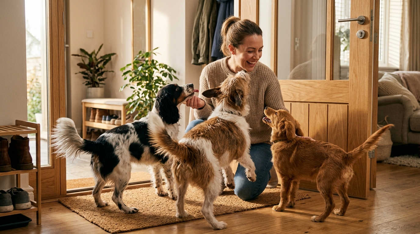 Un chien joyeux qui remue la queue près de la porte d'entrée dans une maison chaleureuse