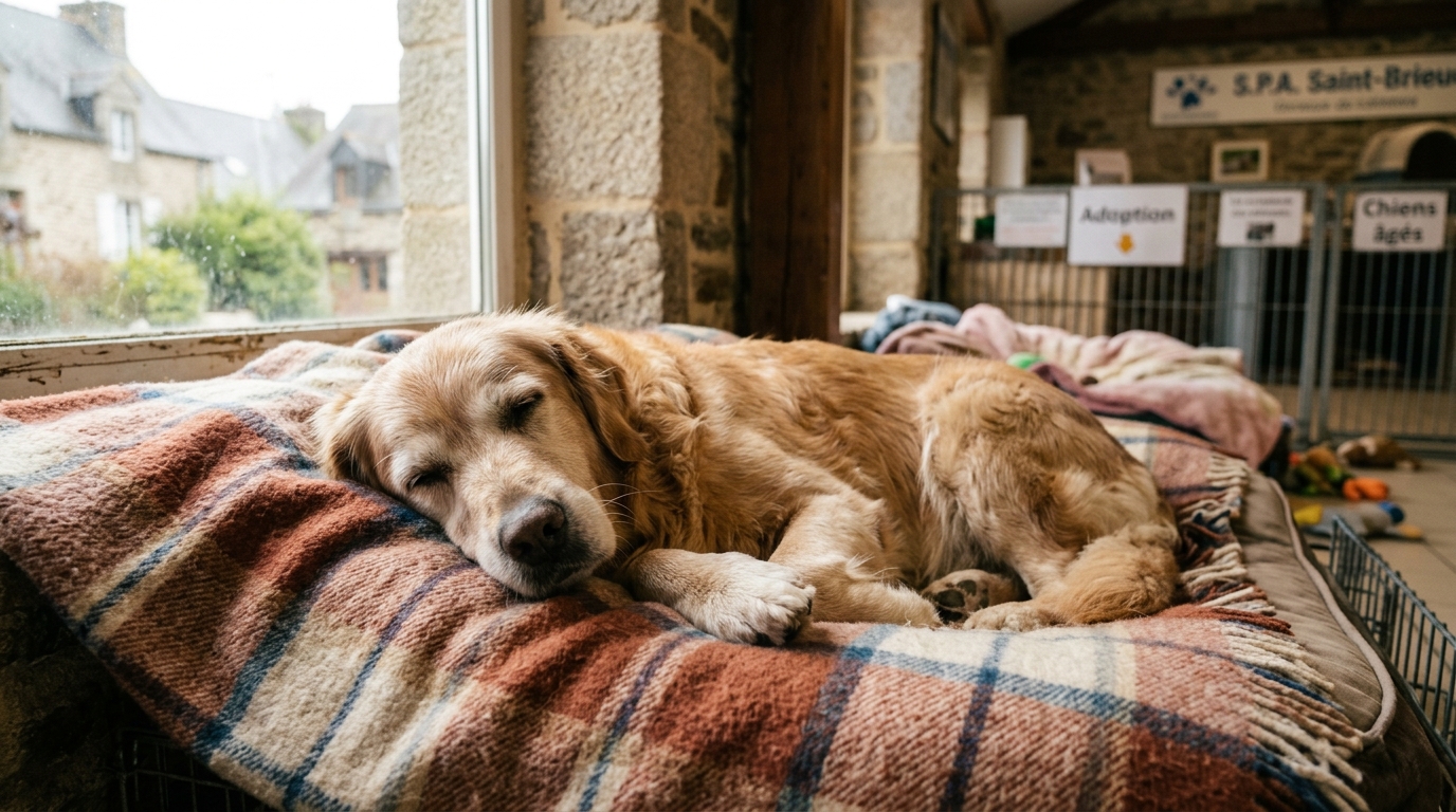 Un chien âgé au regard doux attend sereinement dans sa niche au refuge.