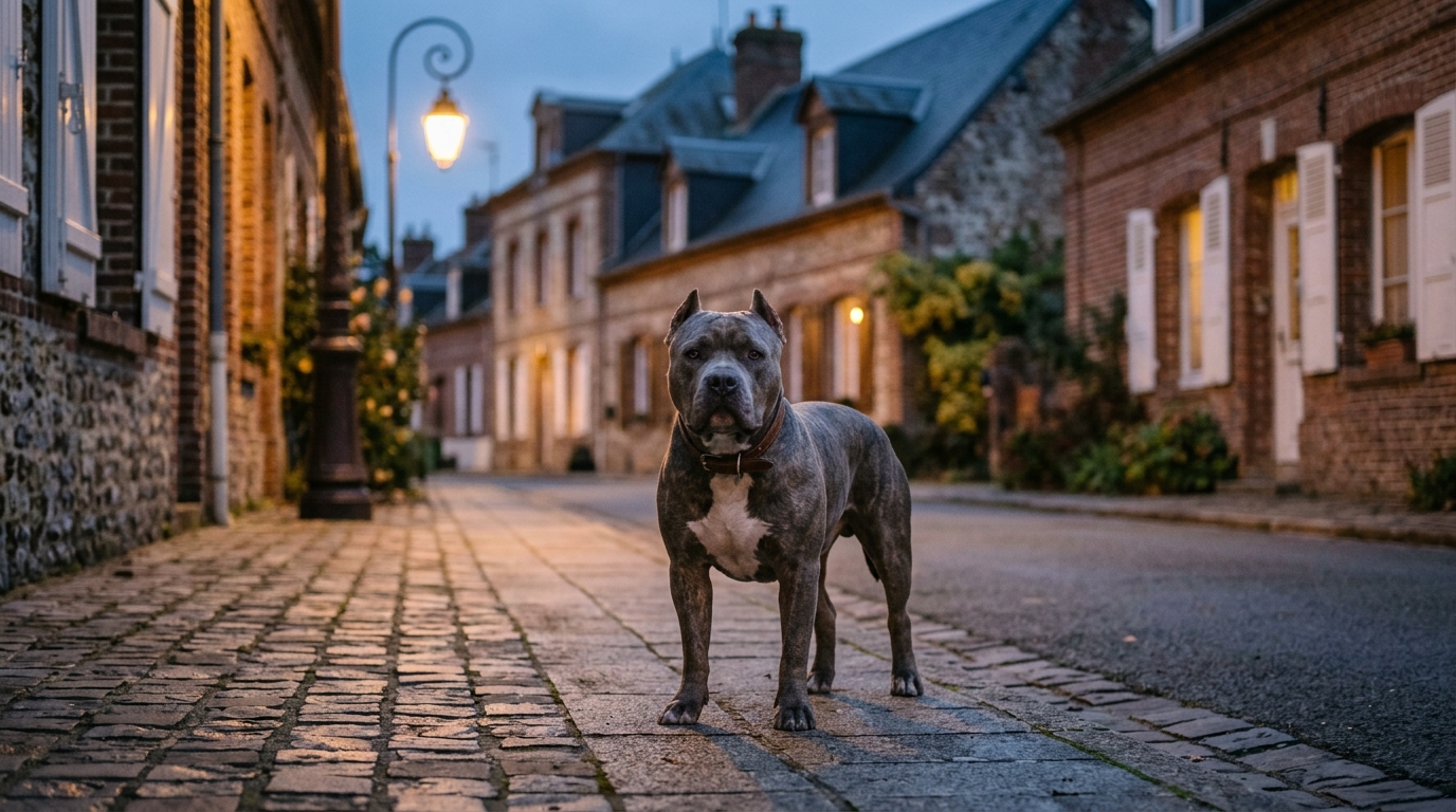 Un chien American Bully debout sur le trottoir d'une rue résidentielle à Outreau