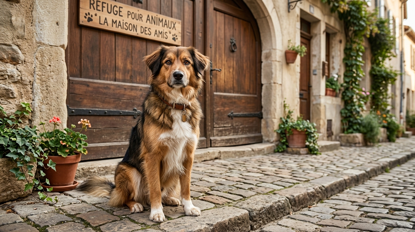 Un chien calme et attentif assis sur le trottoir devant la porte d'un refuge en France.