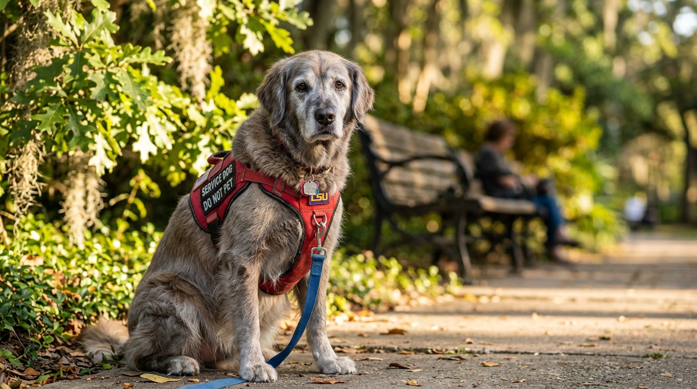 Un chien âgé d'assistance assis calmement dans un parc en Louisiane