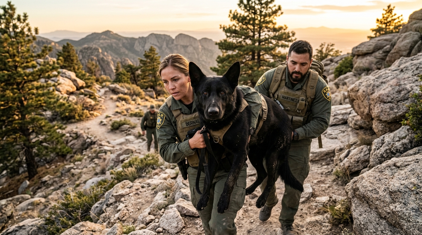 Un grand chien noir porté par des secouristes sur un sentier de montagne