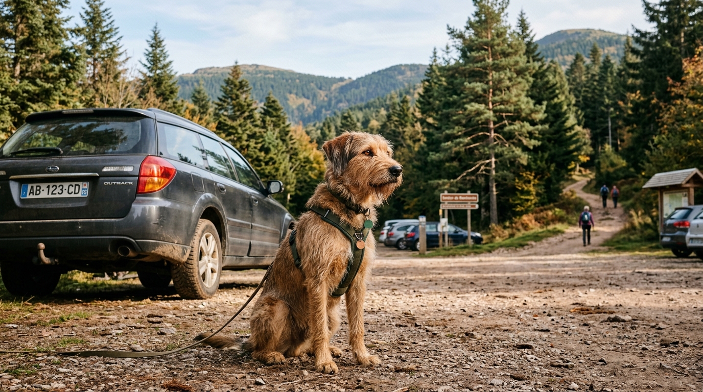 Un chien fidèle attend calmement au parking du sentier de randonnée dans les Vosges.