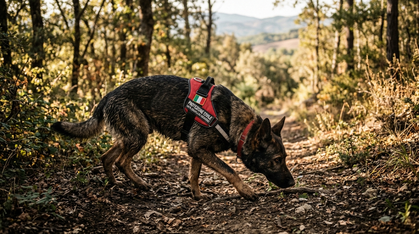 Un berger allemand au travail de recherche en forêt en Italie