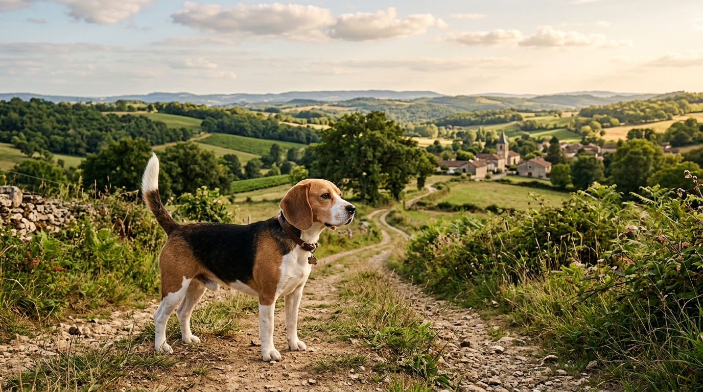 Un chien beagle debout sur un chemin de campagne dans le Tarn-et-Garonne
