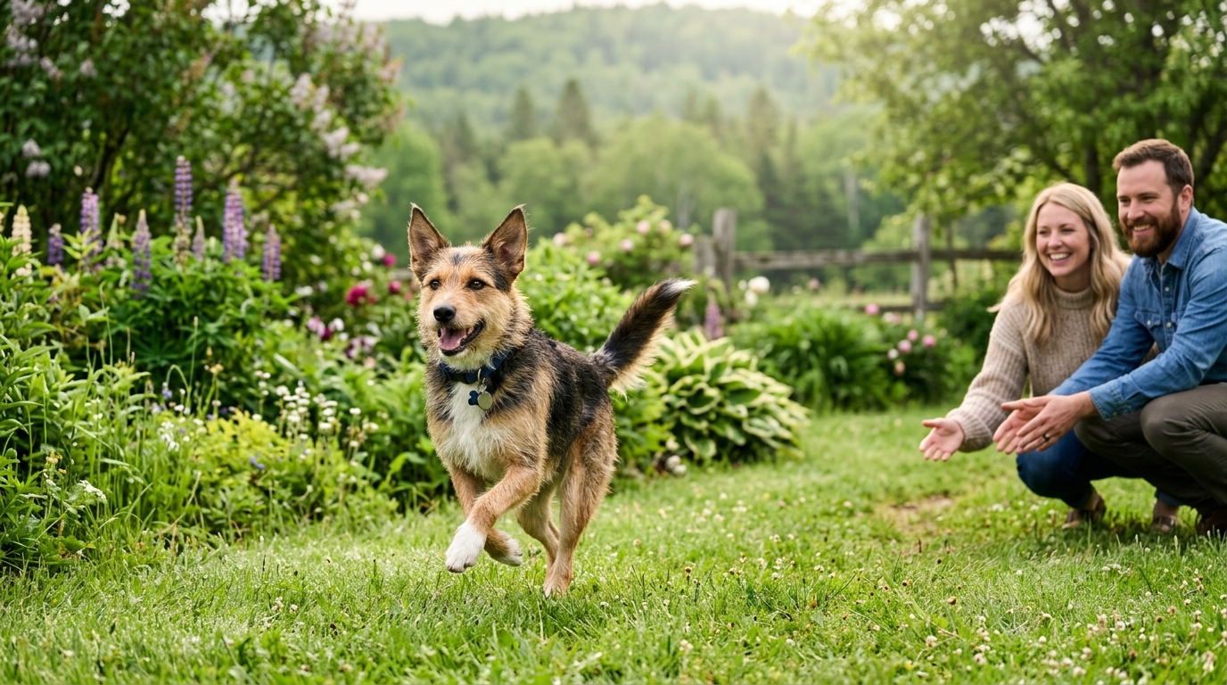 Un chien heureux gambadant joyeusement dans un jardin verdoyant auprès de sa famille adoptive.