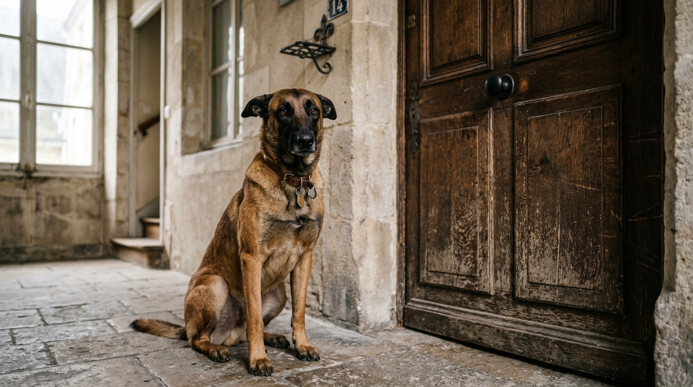Un berger malinois assis tristement près d'une porte dans un appartement à Calais.