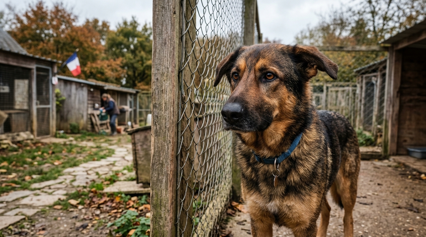 Un berger allemand regarde à travers le grillage d'un refuge normand avec attention.