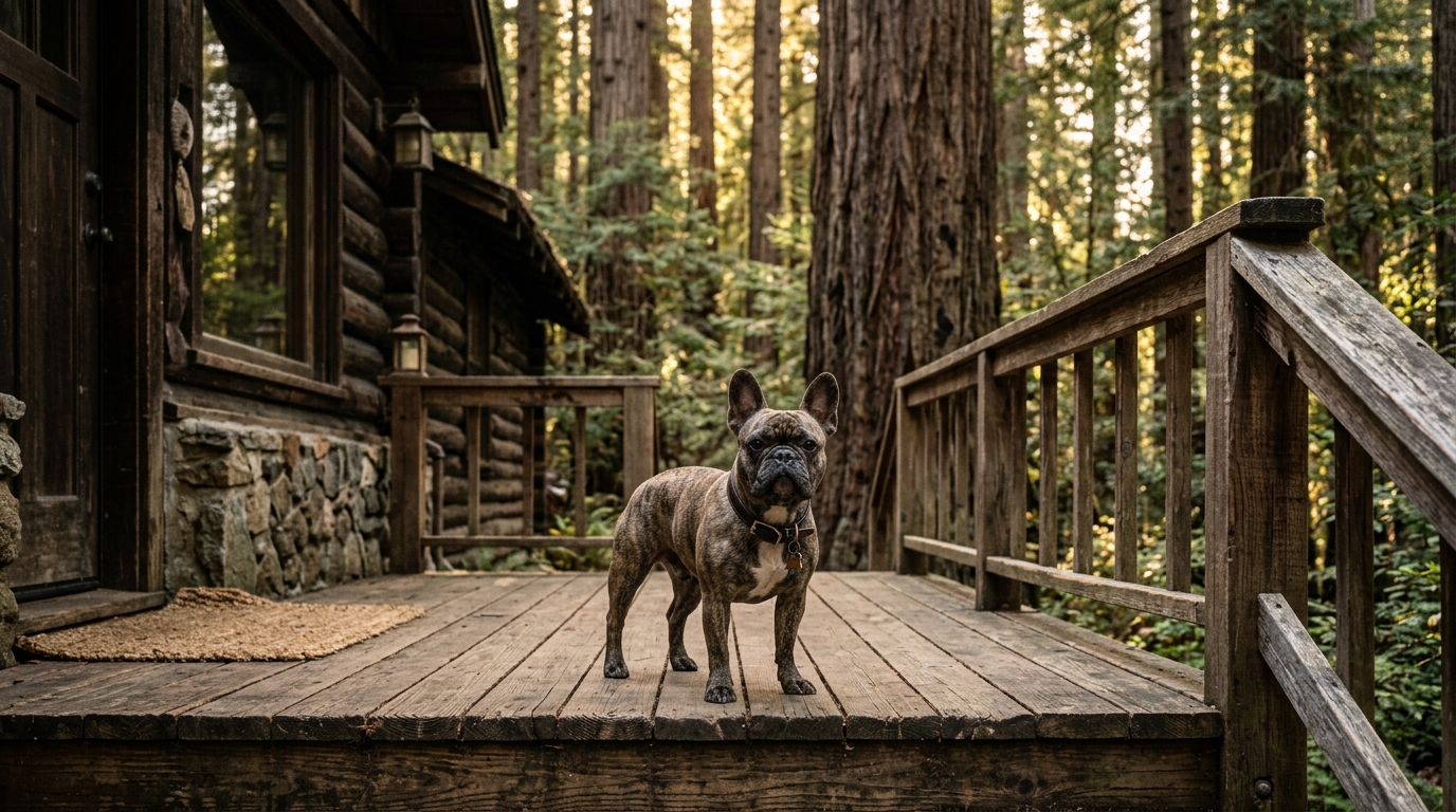 Un bouledogue français devant une forêt de séquoias en Californie du Nord