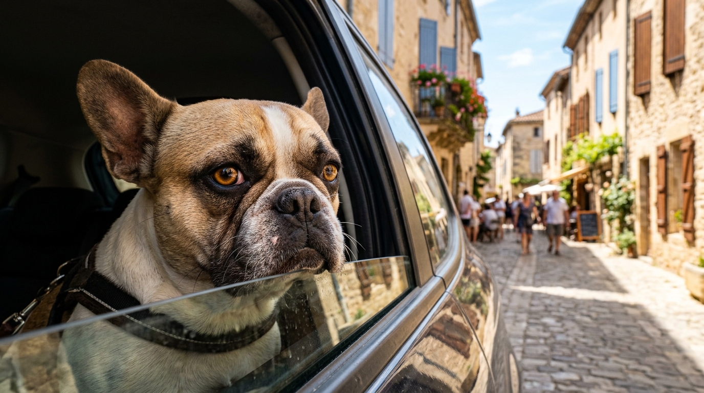 Un bouledogue français regardant tristement à travers la vitre d'une voiture