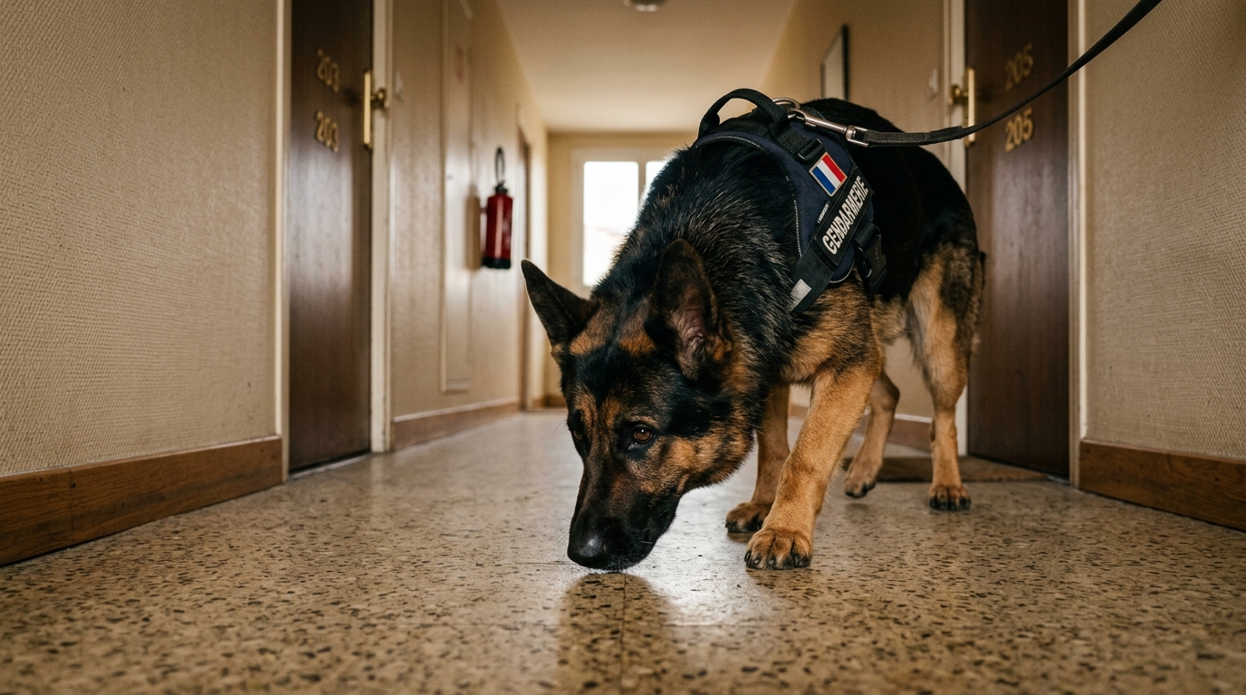 Un chien de police spécialisé inspecte un couloir d'immeuble en France
