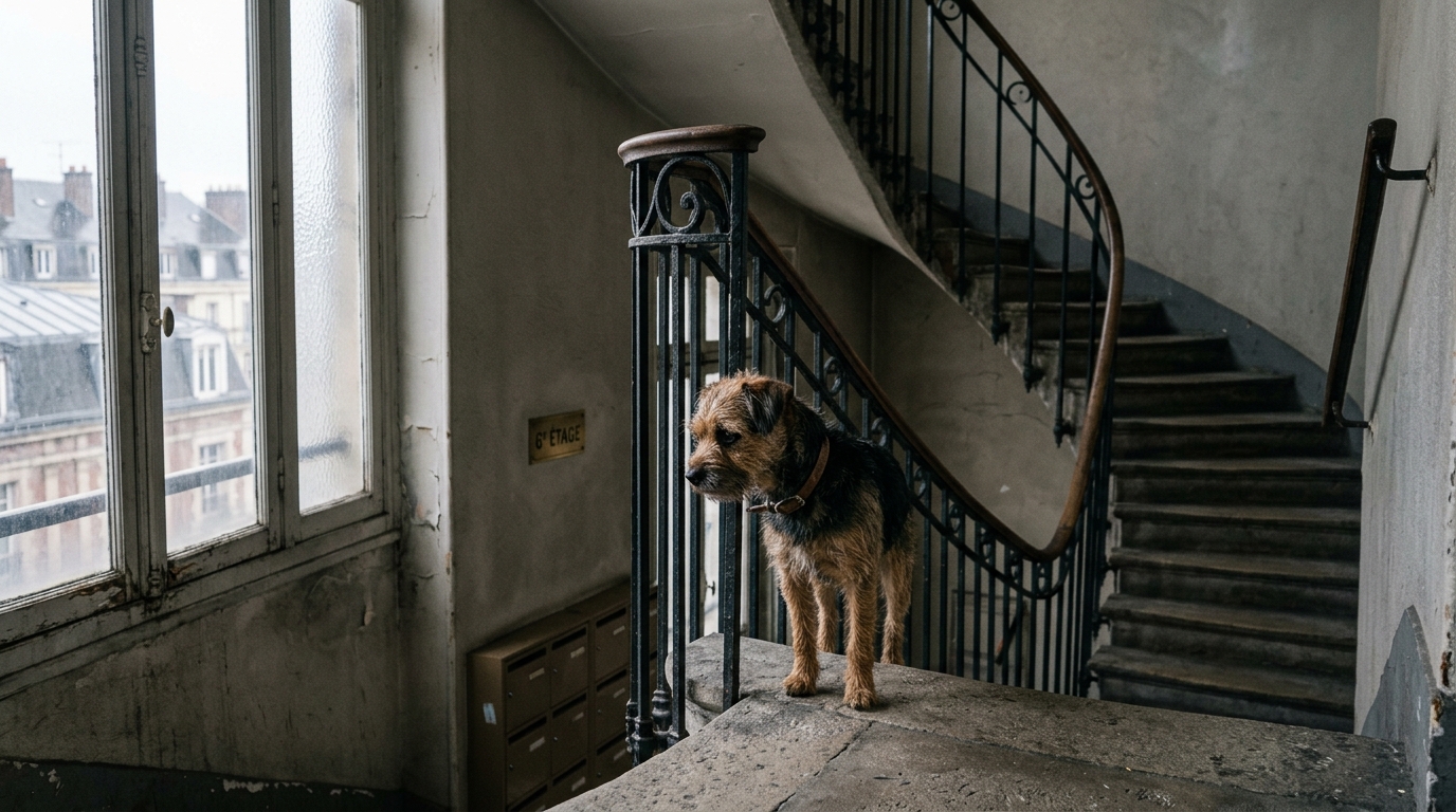 Illustration d'un chien près d'un escalier d'immeuble à Rouen