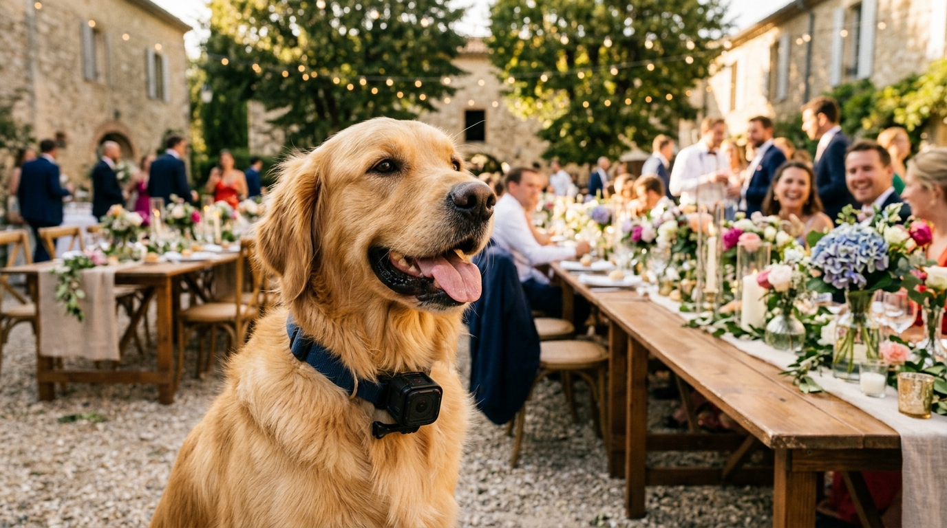 Un chien amical portant un harnais léger avec une petite caméra lors d'une réception de mariage en extérieur.